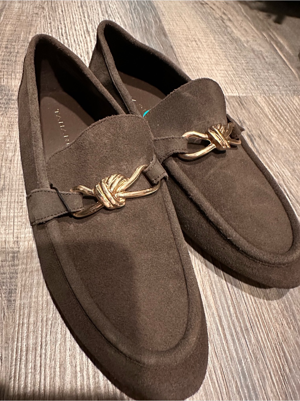 Tahari Brown Suede Loafers With Gold Knot Accent